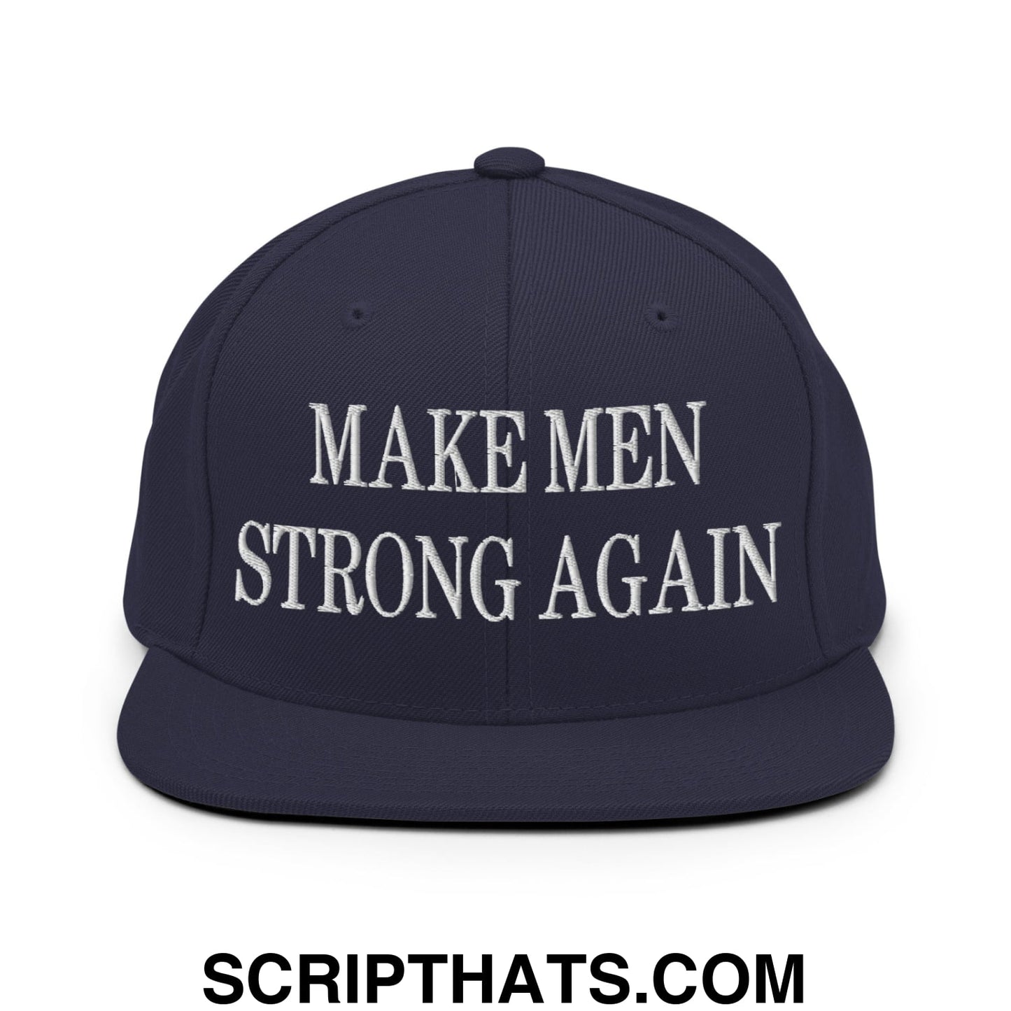 Navy blue snapback hat with white embroidered text make men strong again and flat bill brim design