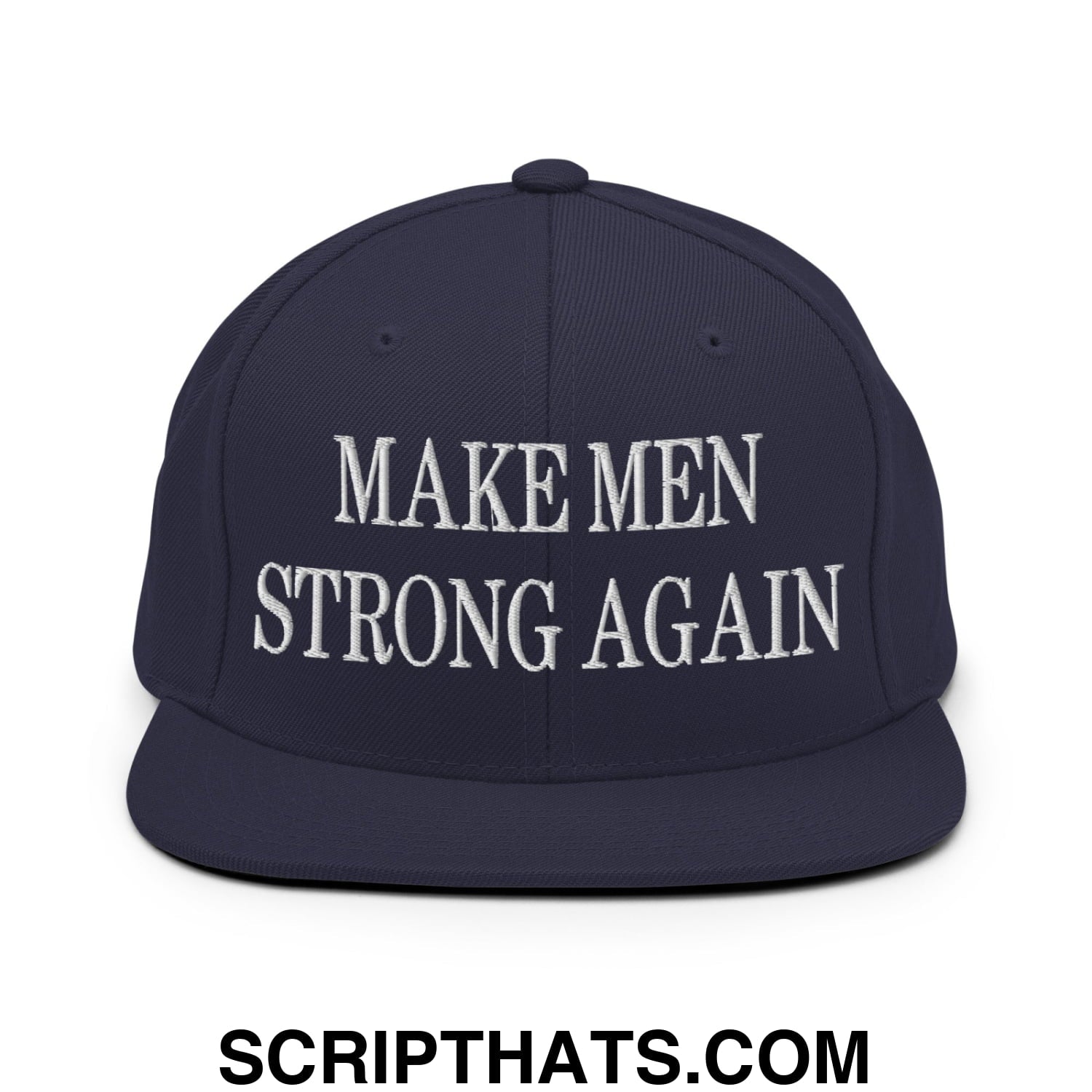 Navy blue snapback hat with white embroidered text make men strong again and flat bill brim design