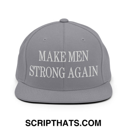 Gray snapback hat with white embroidered make men strong again text and flat bill brim in cotton material