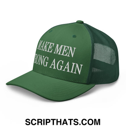 Dark green mesh trucker hat with white embroidered text make men wrong again on front panels for casual wear