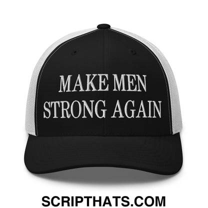 Black and white mesh trucker hat with embroidered make men strong again text in bold capital letters
