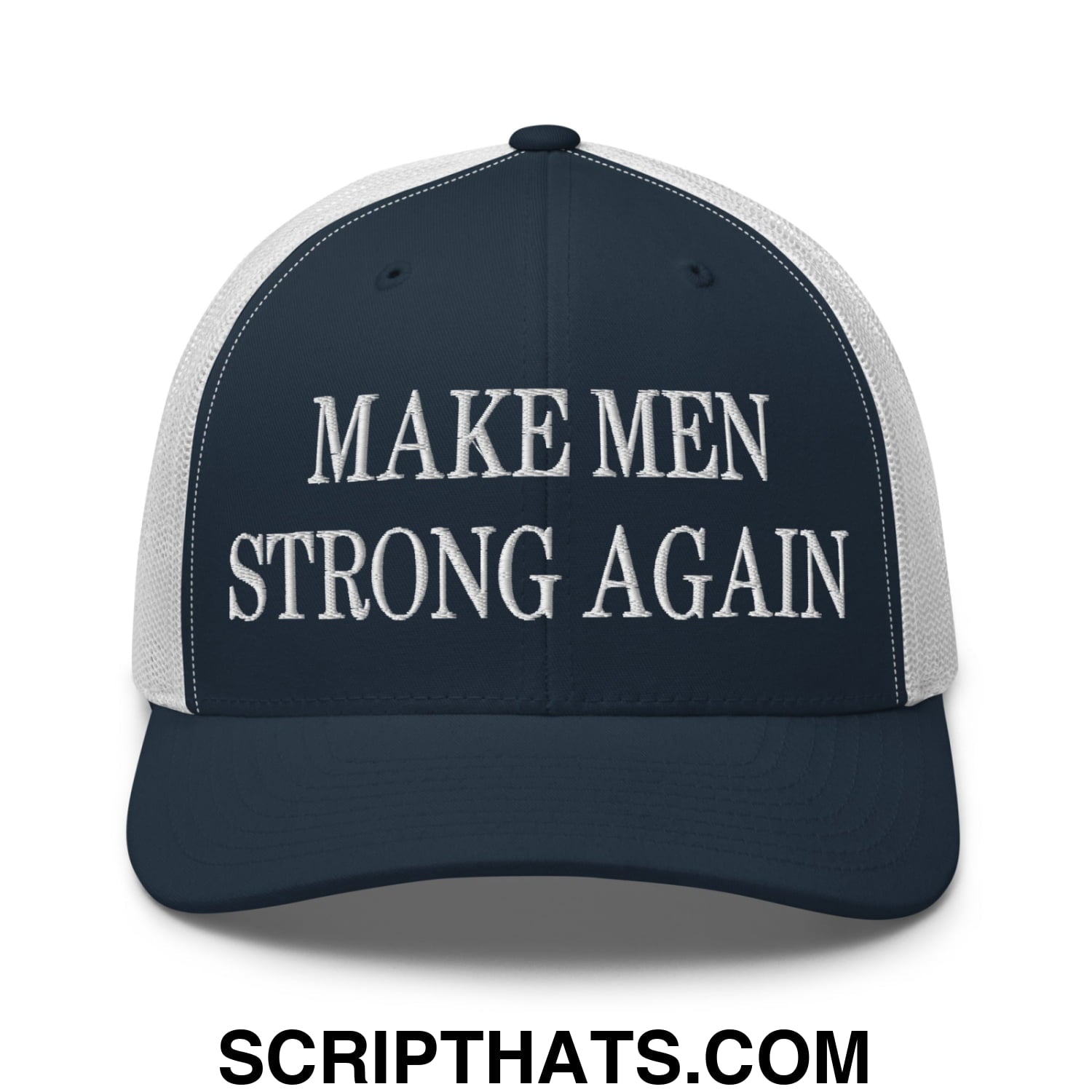Navy blue and white mesh trucker hat with embroidered make men strong again text in bold capital letters