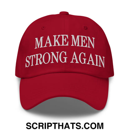 Red embroidered unstructured dad hat with make men strong again text in white for casual wear