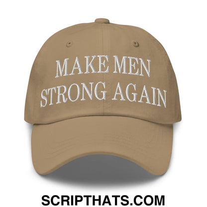 Tan unstructured dad hat with white embroidered make men strong again text for casual wear