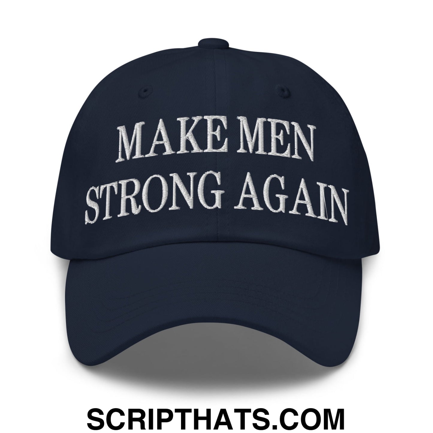 Navy blue unstructured dad hat with white embroidered make men strong again text for casual wear