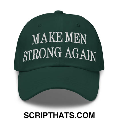 Dark green embroidered unstructured dad hat with make men strong again white text for casual wear