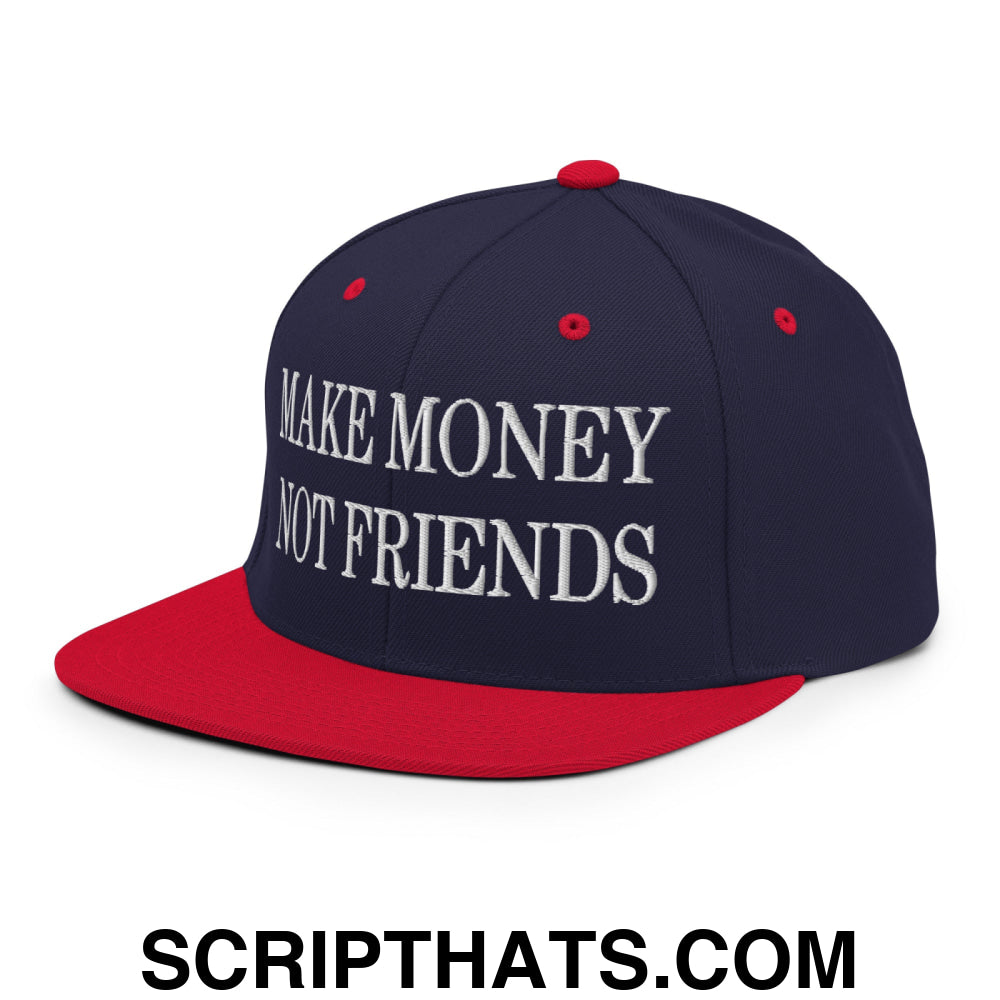 Make Money Not Friends Embroidered Flat Bill Brim Snapback Hat Navy Red