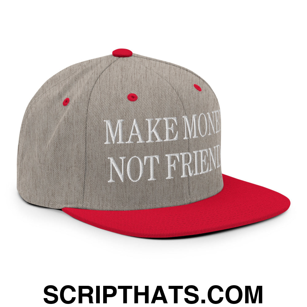 Make Money Not Friends Embroidered Flat Bill Brim Snapback Hat Heather Grey Red