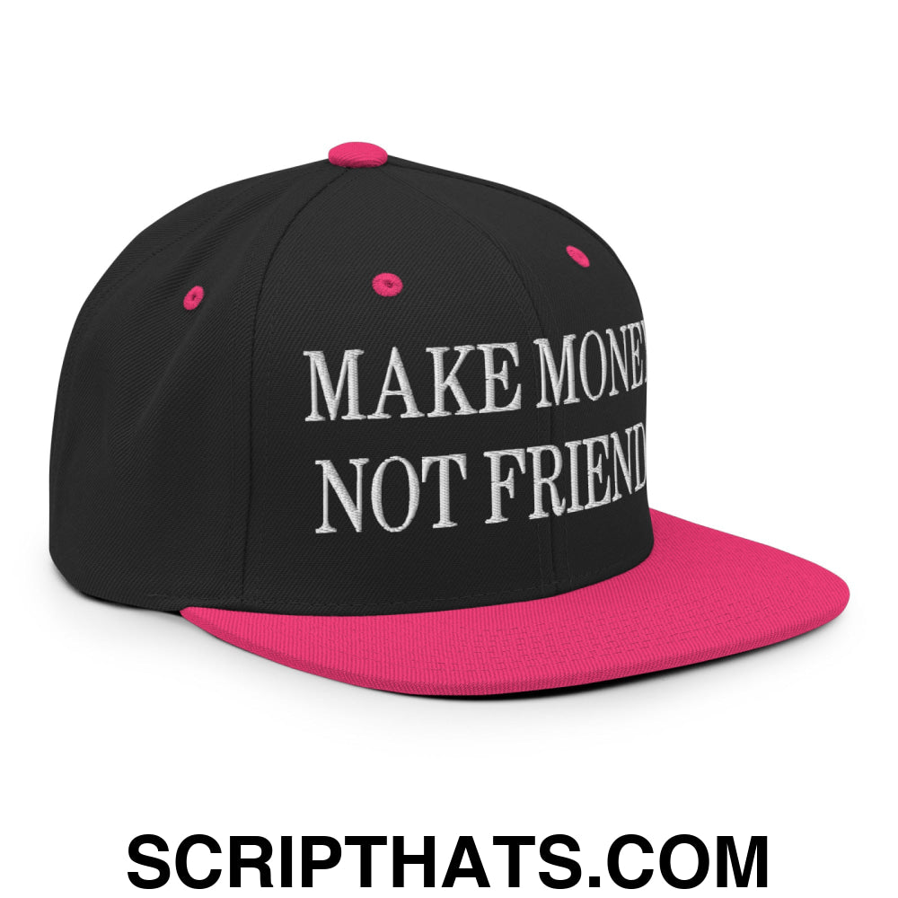 Make Money Not Friends Embroidered Flat Bill Brim Snapback Hat Black Neon Pink