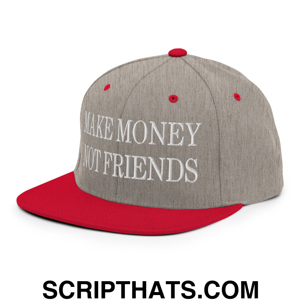 Make Money Not Friends Embroidered Flat Bill Brim Snapback Hat Heather Grey Red