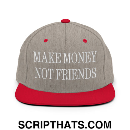 Make Money Not Friends Embroidered Flat Bill Brim Snapback Hat Heather Grey Red