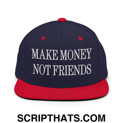 Make Money Not Friends Embroidered Flat Bill Brim Snapback Hat Navy Red