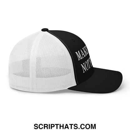 Black and white mesh trucker hat with make not embroidered in silver script on front panel for casual wear