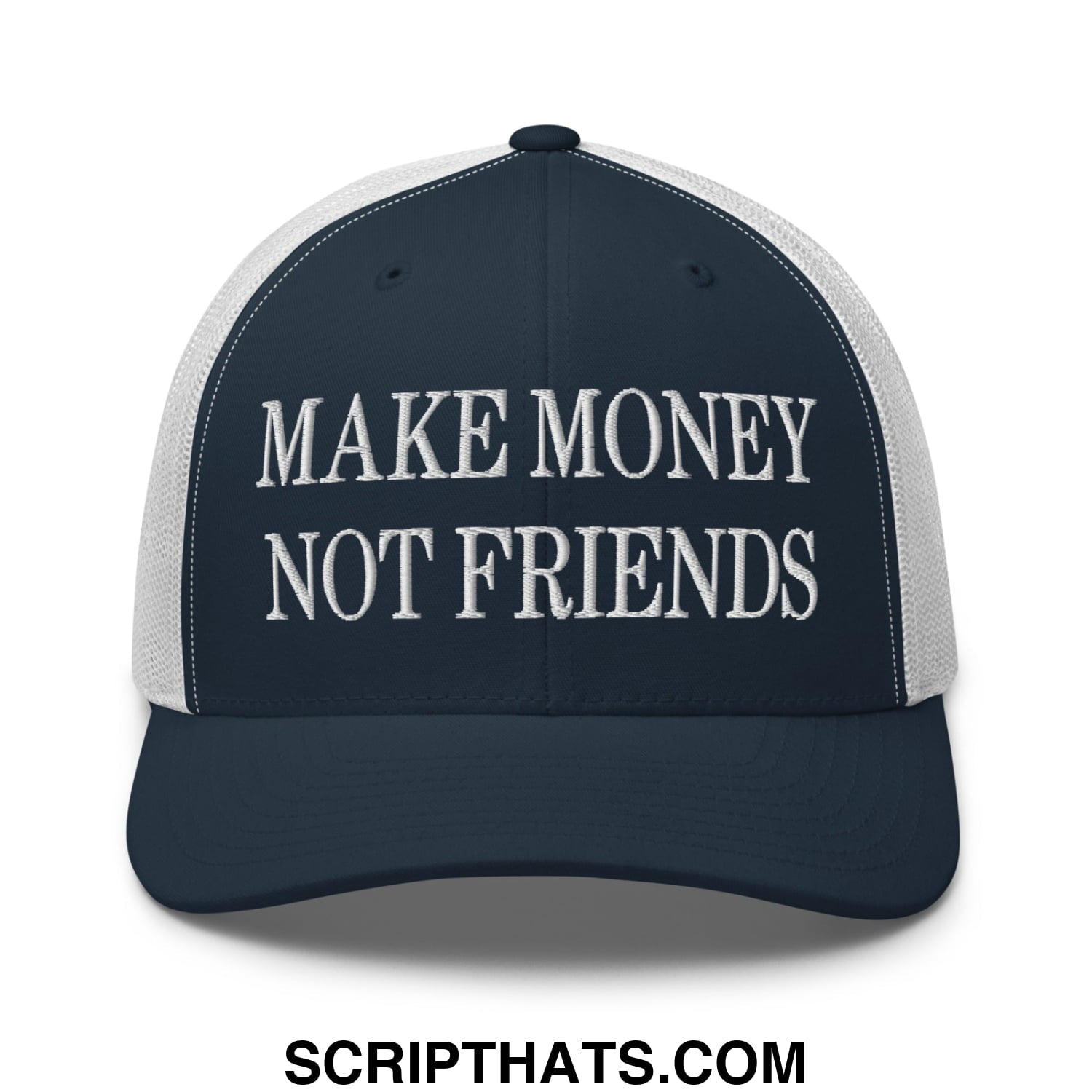 Navy blue and white mesh trucker hat with embroidered make money not friends text for casual wear