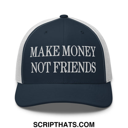 Navy blue and white mesh trucker hat with embroidered make money not friends text for casual wear