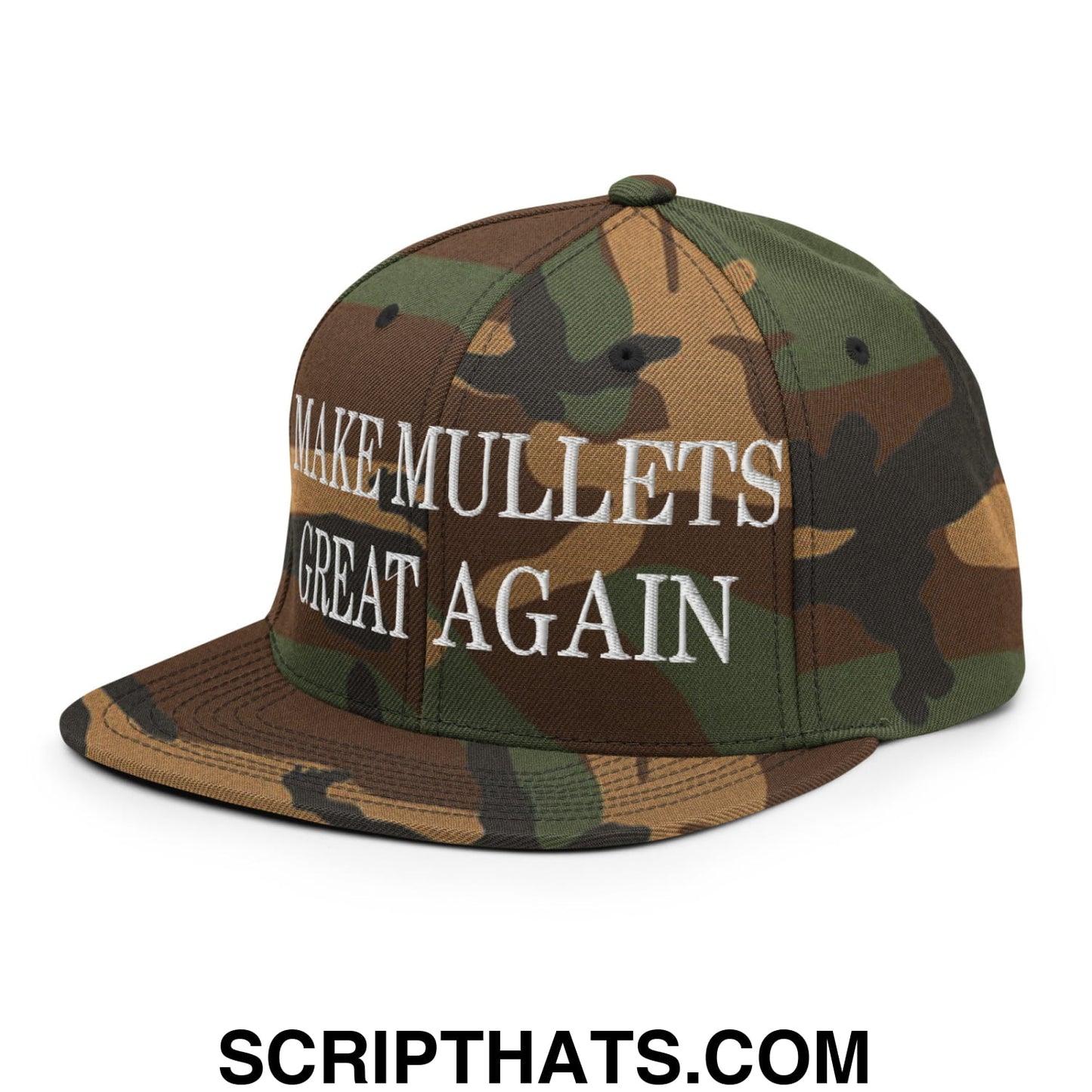 Make Mullets Great Again Embroidered Flat Bill Brim Snapback Hat Green Camo