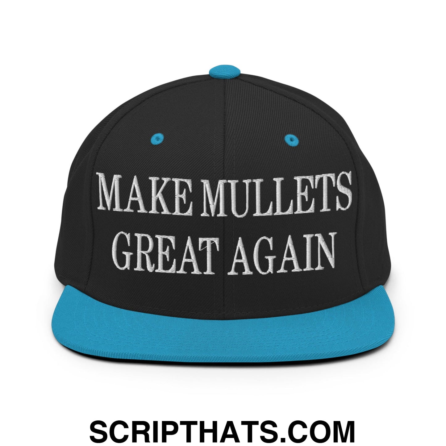 Make Mullets Great Again Embroidered Flat Bill Brim Snapback Hat Black Teal