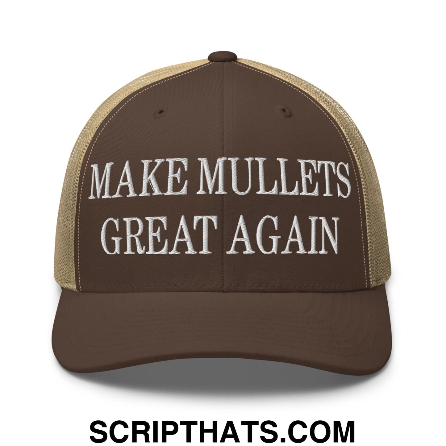 Make Mullets Great Again Embroidered Mesh Trucker Hat Brown Khaki