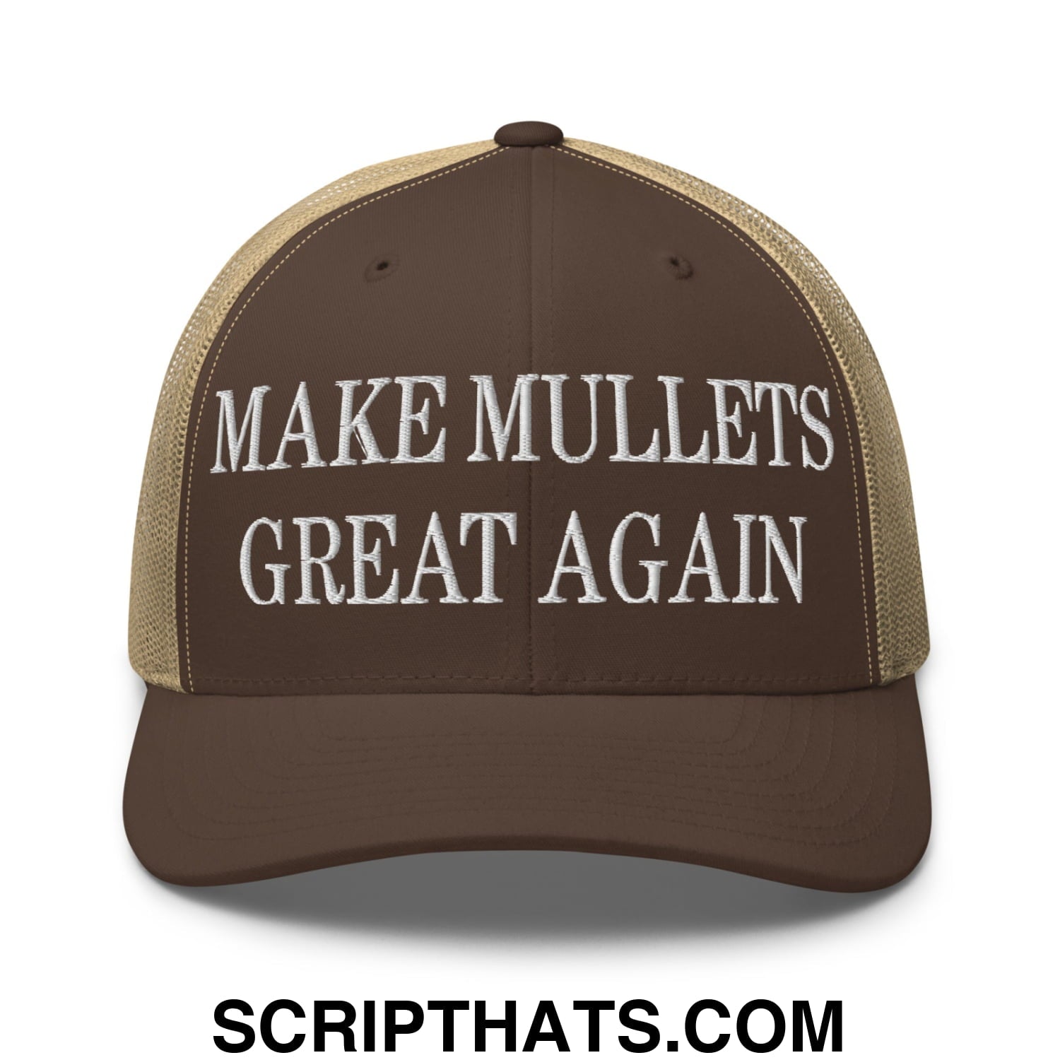 Make Mullets Great Again Embroidered Mesh Trucker Hat Brown Khaki
