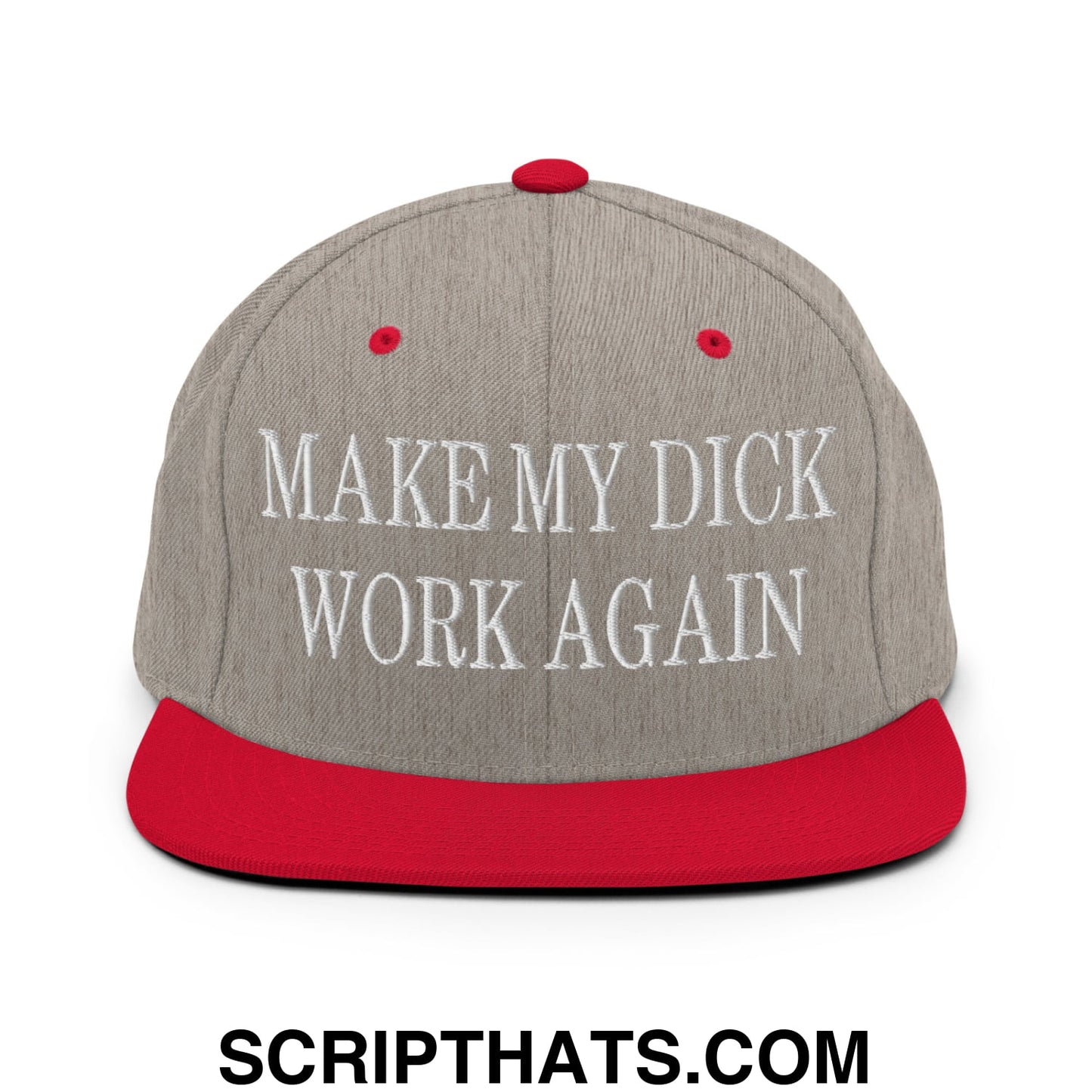 Gray and red snapback cap with white embroidered text make my dick work again flat bill brim style