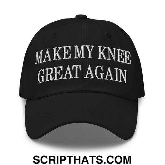 Black unstructured dad hat with white embroidered make my knee great again text for casual wear