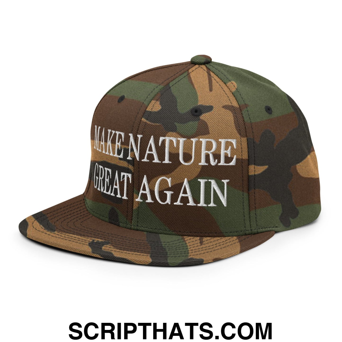 Camouflage-patterned flat bill snapback hat with white embroidered text make nature great again
