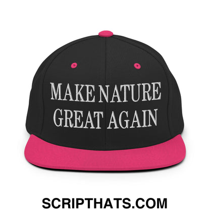 Black snapback cap with pink brim and button featuring white embroidered text make nature great again