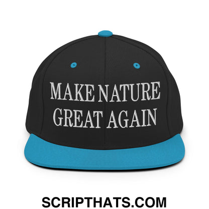 Black snapback cap with teal brim and button featuring white embroidered text make nature great again