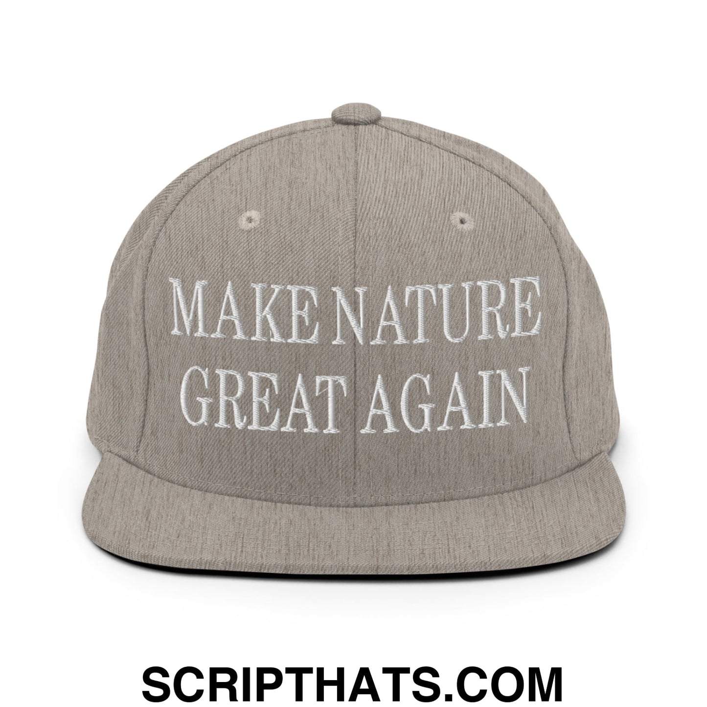 Gray snapback hat with white embroidered make nature great again text and flat bill brim for outdoor style and sun protection