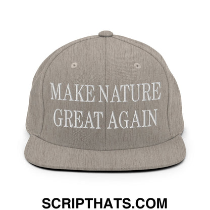 Gray snapback hat with white embroidered make nature great again text and flat bill brim for outdoor style and sun protection