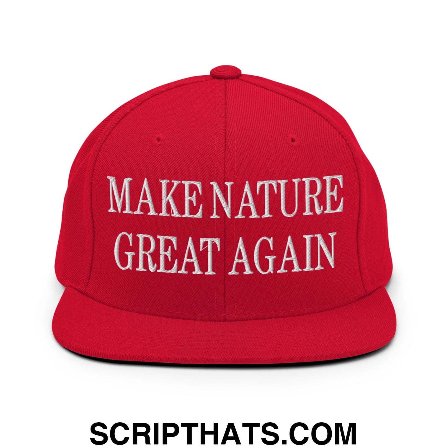 Red snapback cap with white embroidered make nature great again text and flat bill brim design
