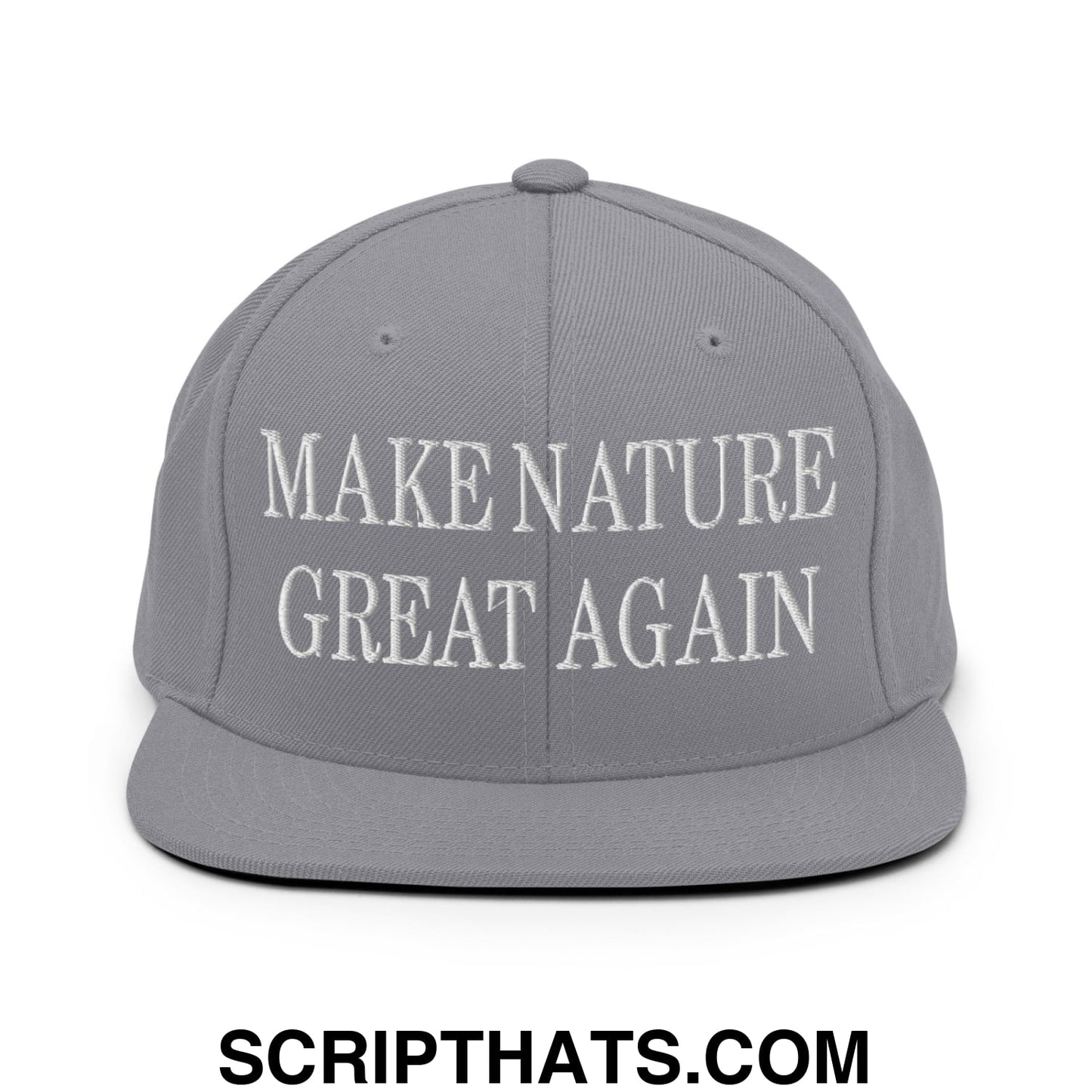 Gray snapback hat with white embroidered make nature great again text and flat bill brim for casual outdoor wear