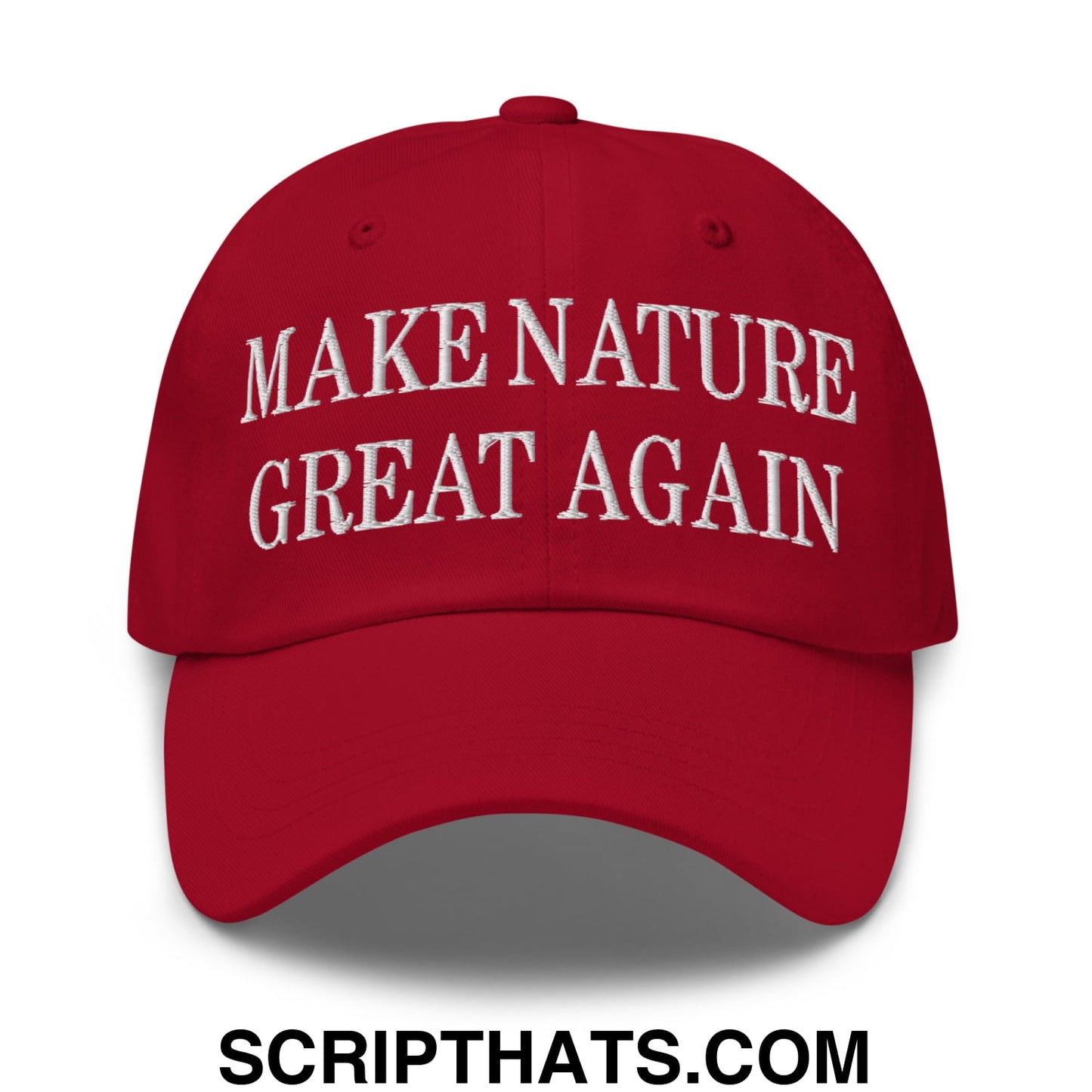 Red embroidered unstructured dad hat with white make nature great again text for casual outdoor use