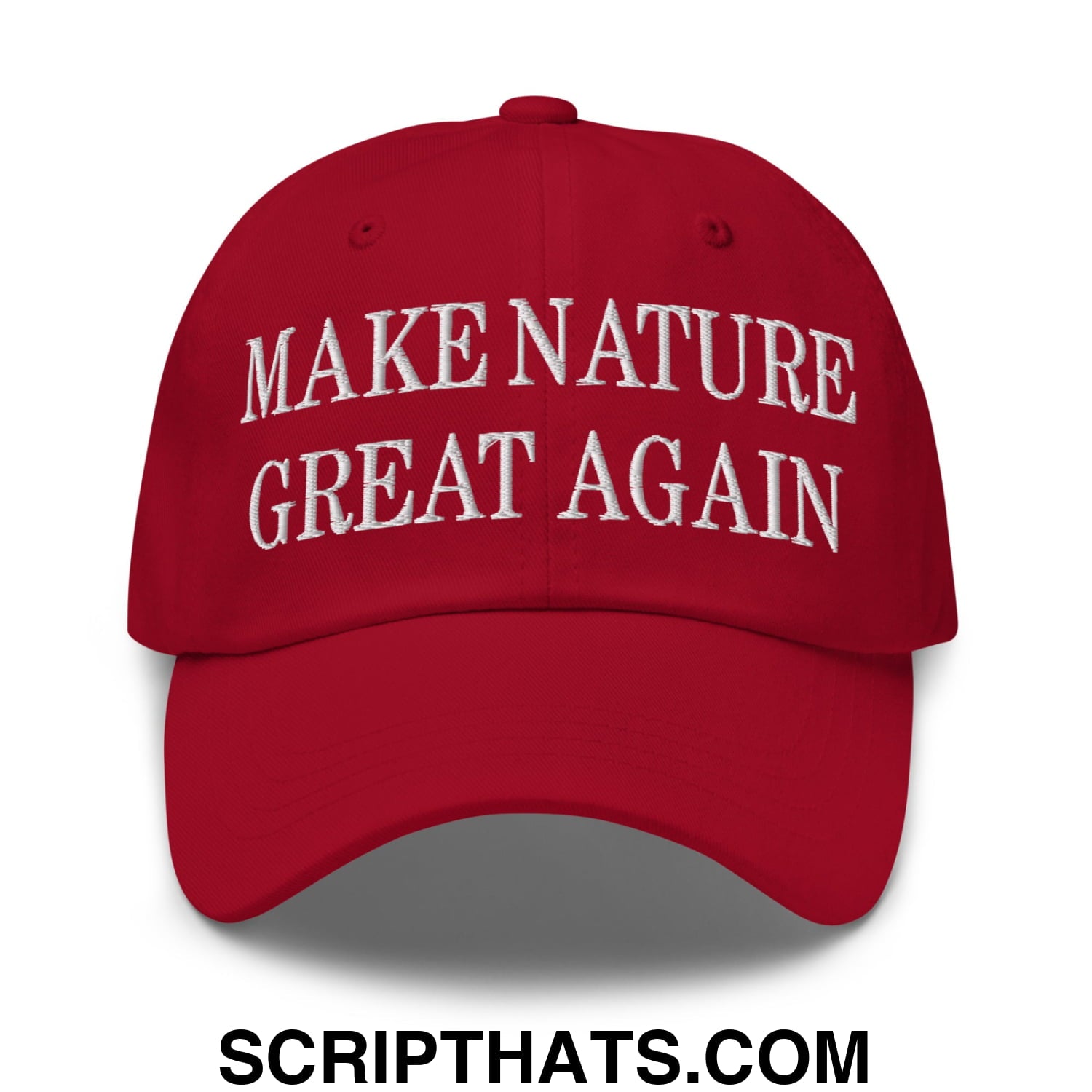 Red embroidered unstructured dad hat with white make nature great again text for casual outdoor use