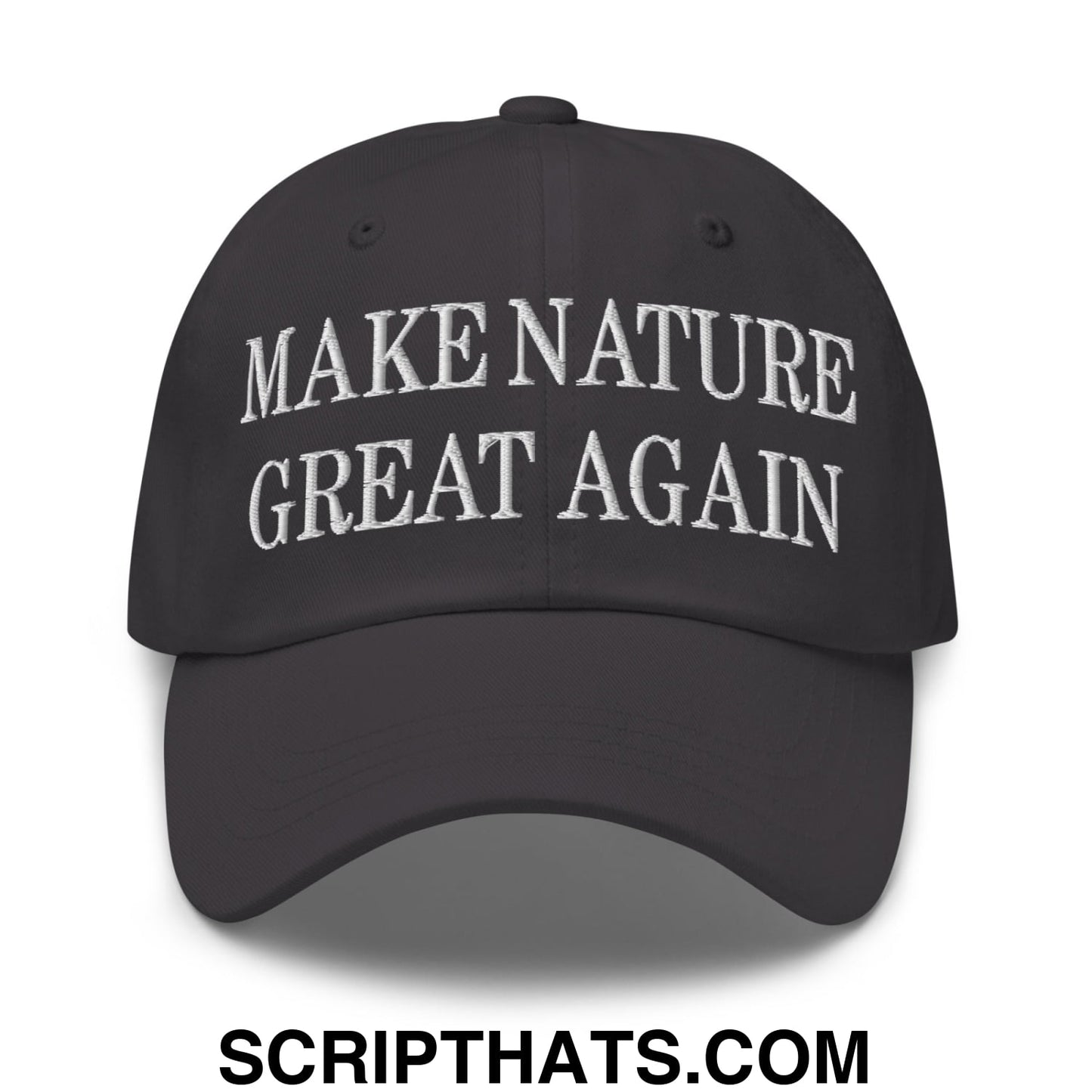 Black unstructured dad hat with white embroidered make nature great again text for casual outdoor wear