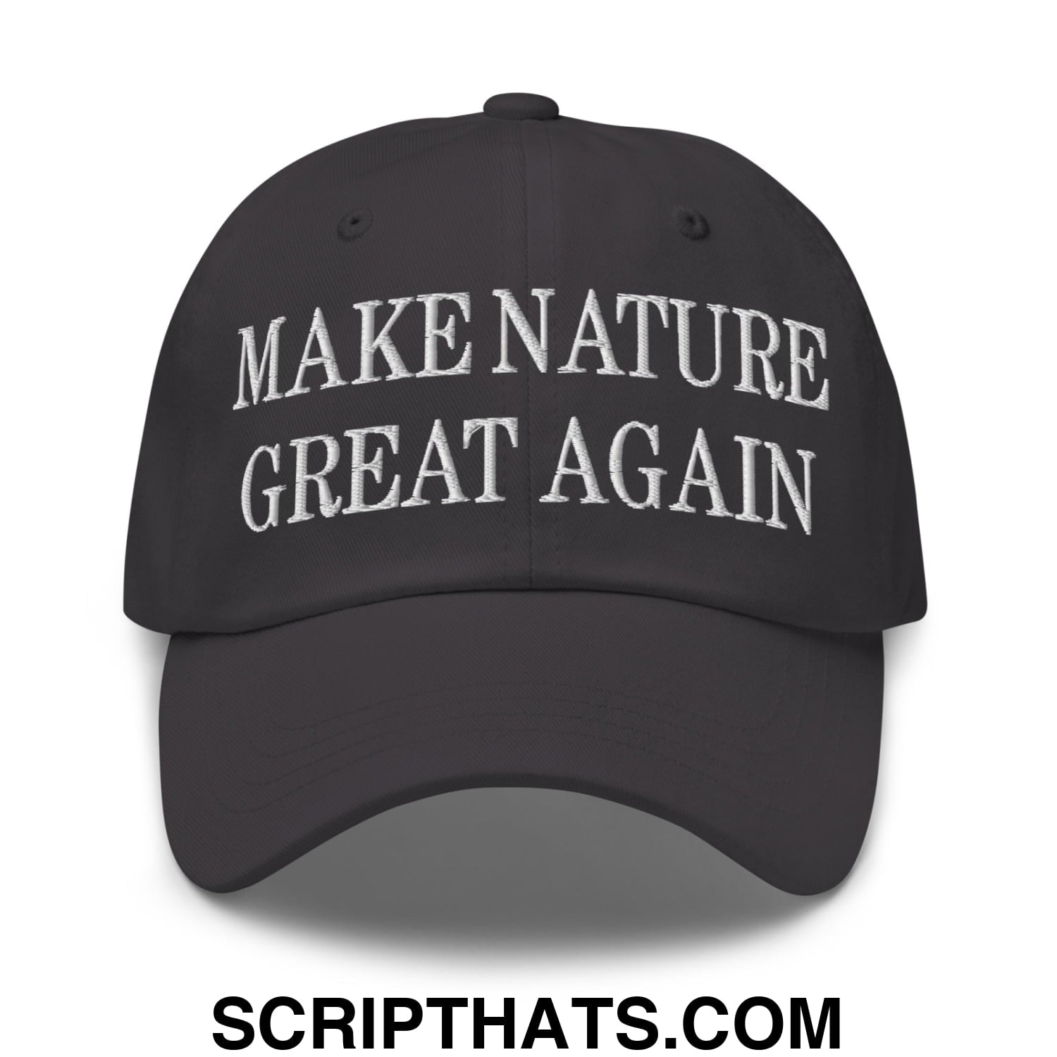 Black unstructured dad hat with white embroidered make nature great again text for casual outdoor wear