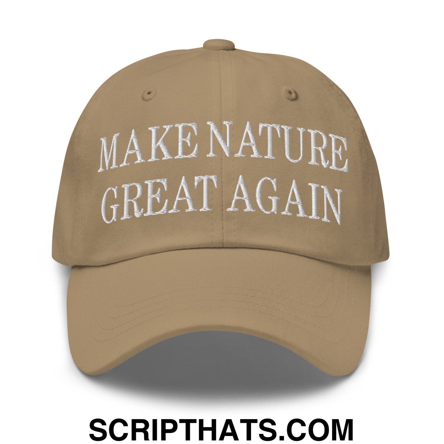Tan unstructured dad hat with white embroidered make nature great again text on front for casual outdoor wear