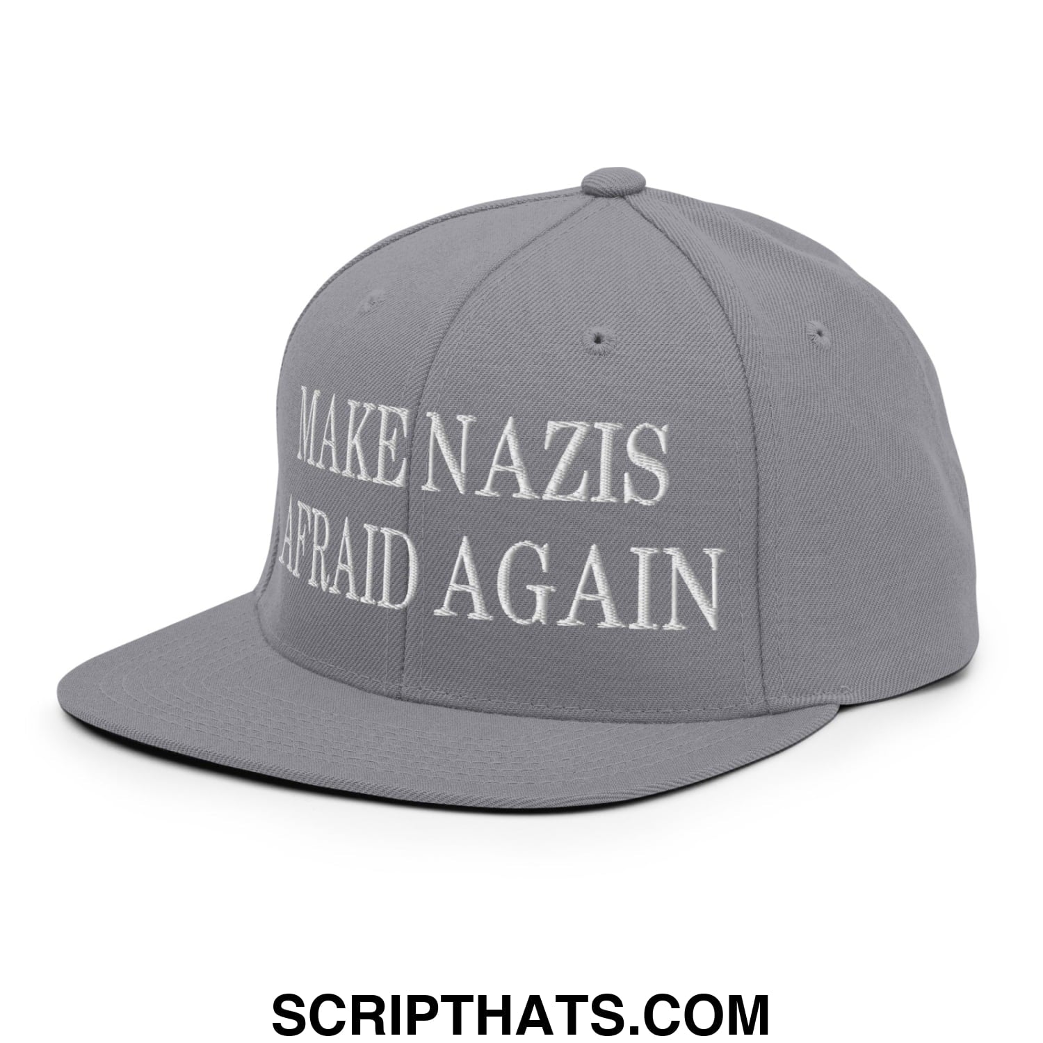 Gray snapback cap with white embroidered make nazis afraid again text and flat bill brim for casual wear