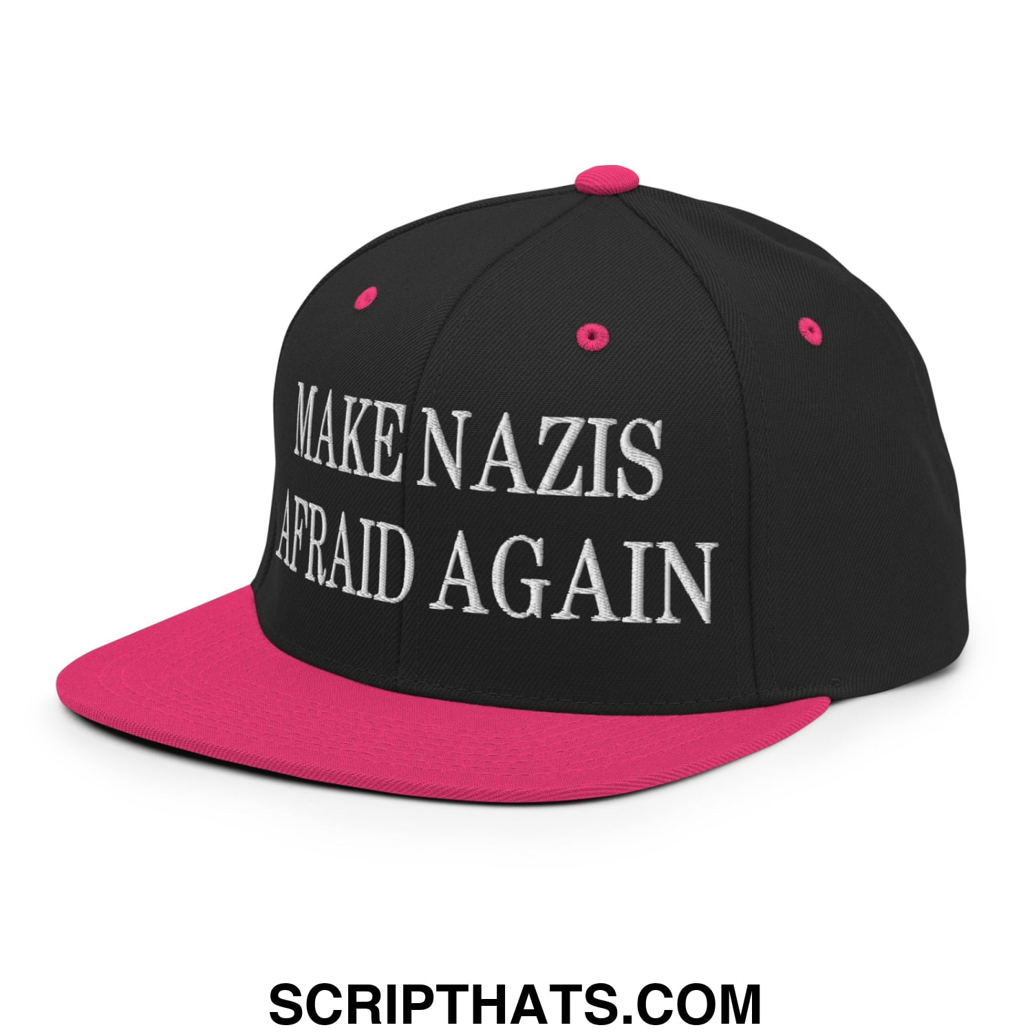Black snapback cap with vibrant pink brim and button featuring white embroidered text make nazis afraid again