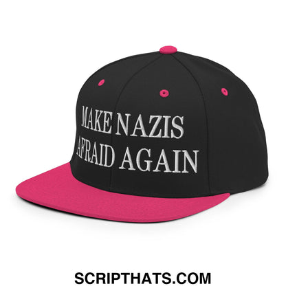 Black snapback cap with vibrant pink brim and button featuring white embroidered text make nazis afraid again