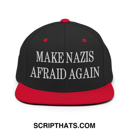 Black and red snapback hat with white embroidered text make nazis afraid again flat bill brim design