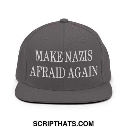Gray snapback cap with white embroidered text make nazis afraid again and flat bill brim design