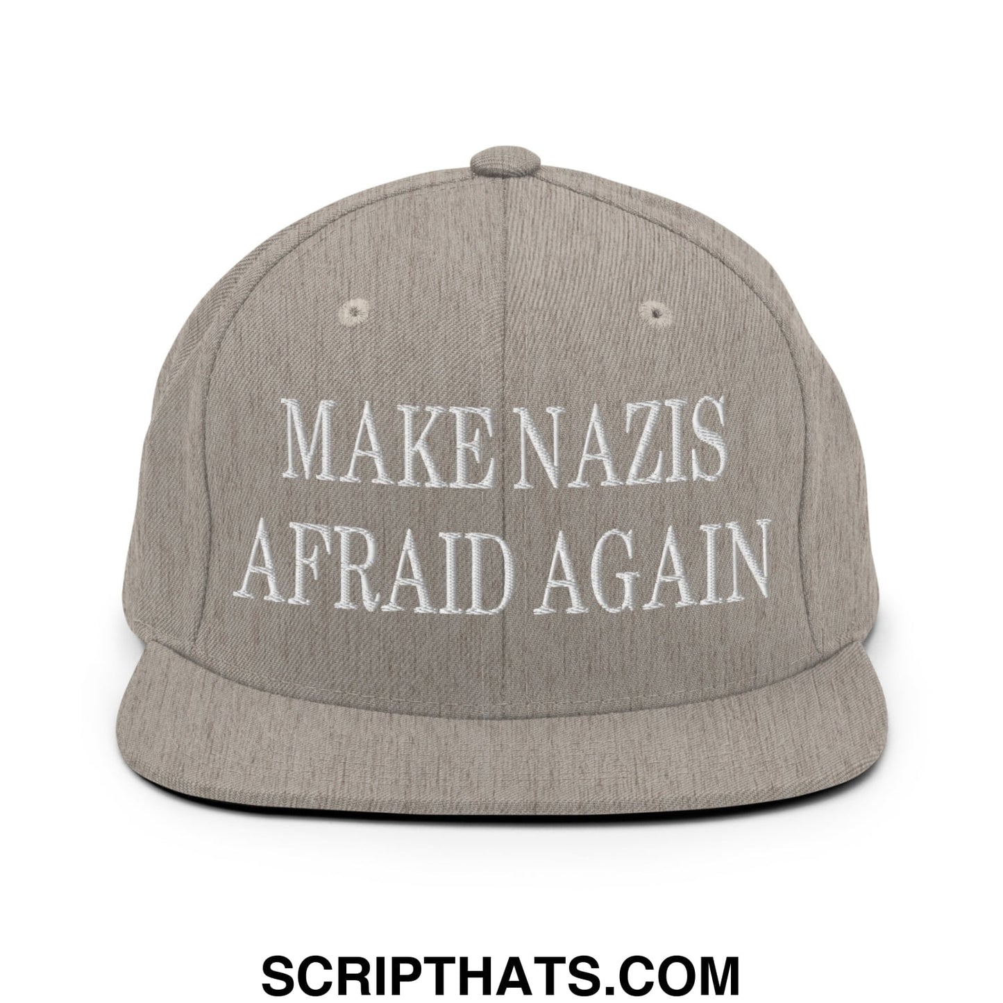 Gray snapback hat with white embroidered make nazis afraid again text and flat bill brim for casual wear