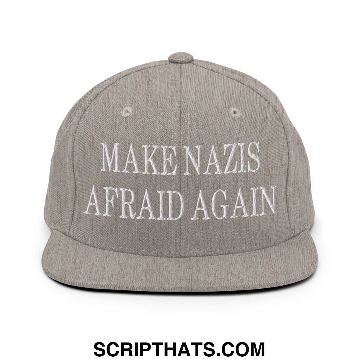 Gray snapback hat with white embroidered make nazis afraid again text and flat bill brim for casual wear