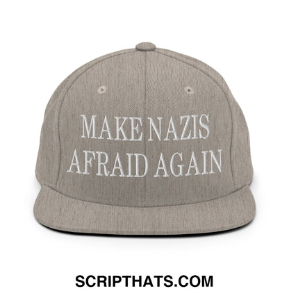 Gray snapback hat with white embroidered make nazis afraid again text and flat bill brim for casual wear