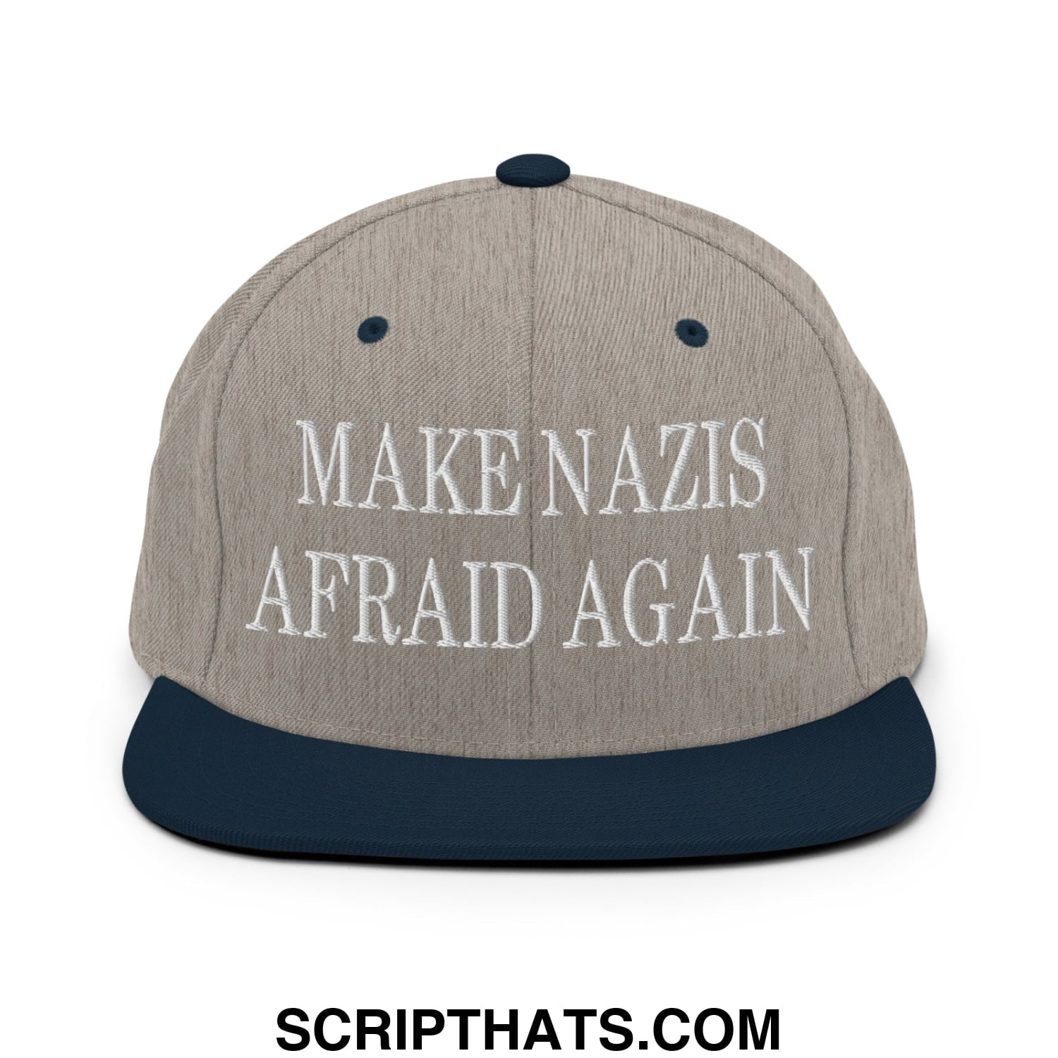 Make nazis afraid again embroidered flat bill snapback hat in gray and navy blue with white text