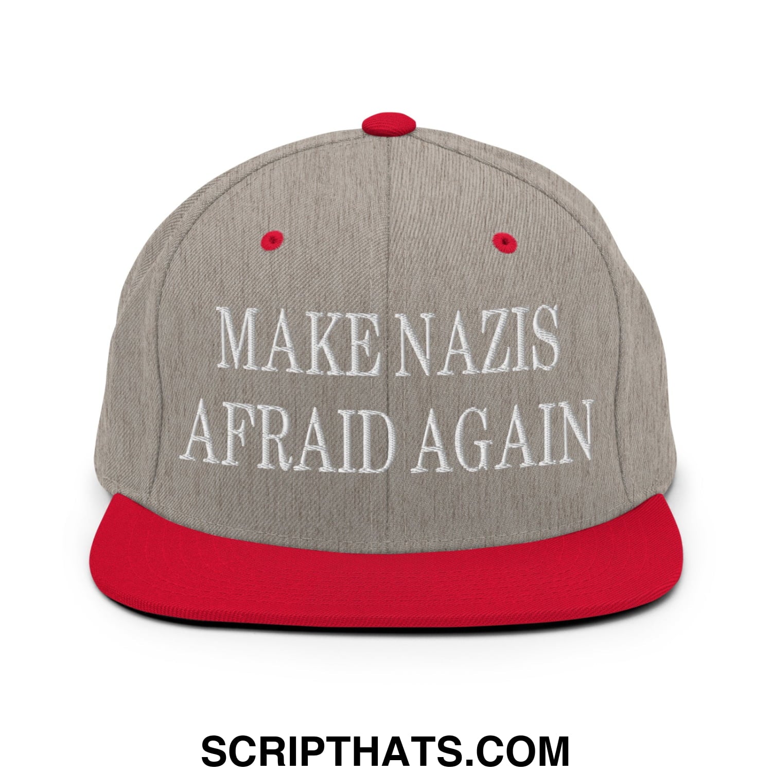 Gray and red snapback hat with white embroidered make nazis afraid again text and flat bill brim