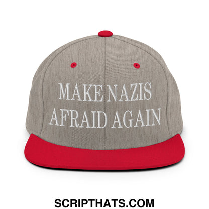 Gray and red snapback hat with white embroidered make nazis afraid again text and flat bill brim
