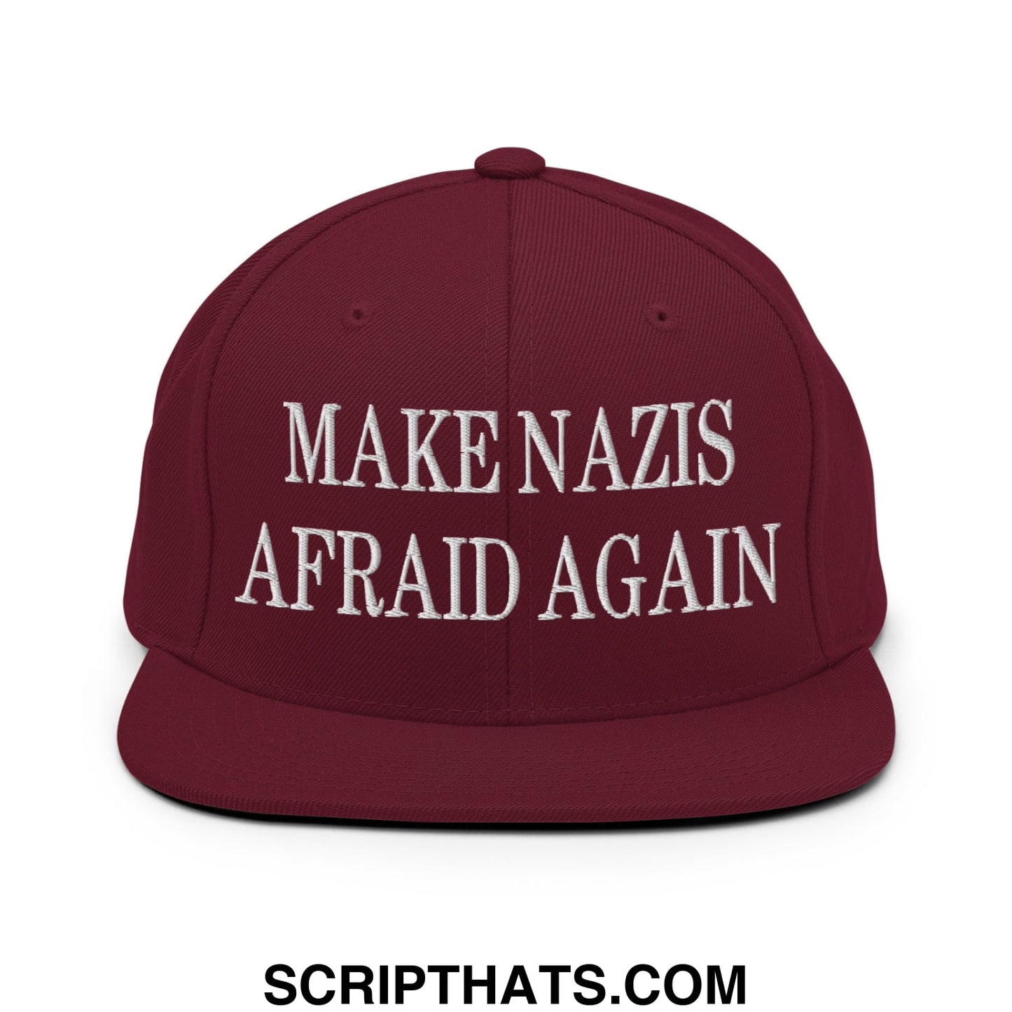 Maroon snapback cap with white embroidered text make nazis afraid again flat bill brim for casual wear