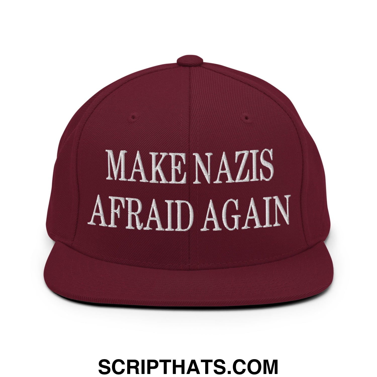 Maroon snapback cap with white embroidered text make nazis afraid again flat bill brim for casual wear